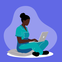 Illustration on a violet background of a Black person with their hair in a high bun, wearing a teal jumpsuit, sitting on the ground and working on a laptop.