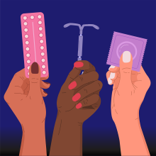 An image of three hands holding up birth control pills, an I U D and a condom.