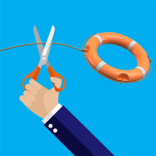 On a blue background, a hand holding scissors starts to cut the rope attached to an orange life raft.
