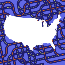 A white cut-out of the United States with data lines and roads behind it