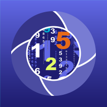 Illustration on a navy blue background of a camera aperture centered on an image of scattered numbers in violet, white, orange, and yellow.
