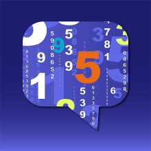 Illustration on a navy blue background of a quote box filled with overlapping numbers in white, violet, turquoise, orange, and yellow.