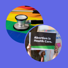 A purple background with two intertwined images: One of a gavel on a pride flag and the other of an "Abortion is Health Care" protest sign. 