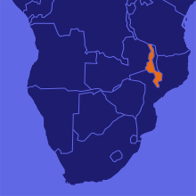 Navy blue and violet map of a section of sub-Saharan with Malawi highlighted in orange. 