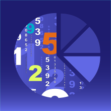 Illustration on a navy blue background of a pie chart, with the largest wedge containing a series of overlapping numbers in violet, white, orange, turquoise, and yellow. 