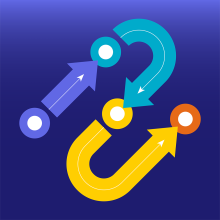 Illustration on a navy blue background of curved, colorful arrows (blue, teal and yellow) moving between circular nodes