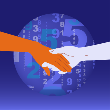 Illustration of two hands—one orange and one light gray—holding each other in front of a blue circular background filled with overlapping numbers.