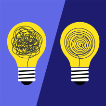 A navy blue background showing two lightbulbs with squiggly lines, indicating confusion