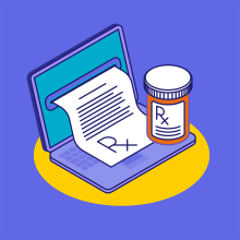 illustration, laptop, prescription printout coming out of screen, bottle of Rx medication