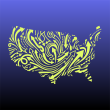 United States map made of highlighter yellow arrows on ombre purple background