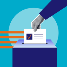 Image displaying a hand putting a ballot into a box.